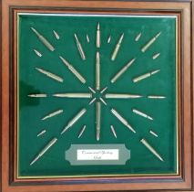 Commercial sporting rifle framed display of inert / fired munitions - 47cm square ~ slight wear to