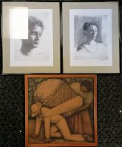 Pair of framed portraits t/w vintage print by Diego Rivera (frame 49.5cm square)