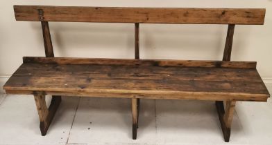 Antique pitch pine bench with back rest, 165cm x 82cm x 43, in good used condition.