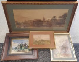 3 x watercolour paintings t/w large framed antique print (55cm x 91cm)