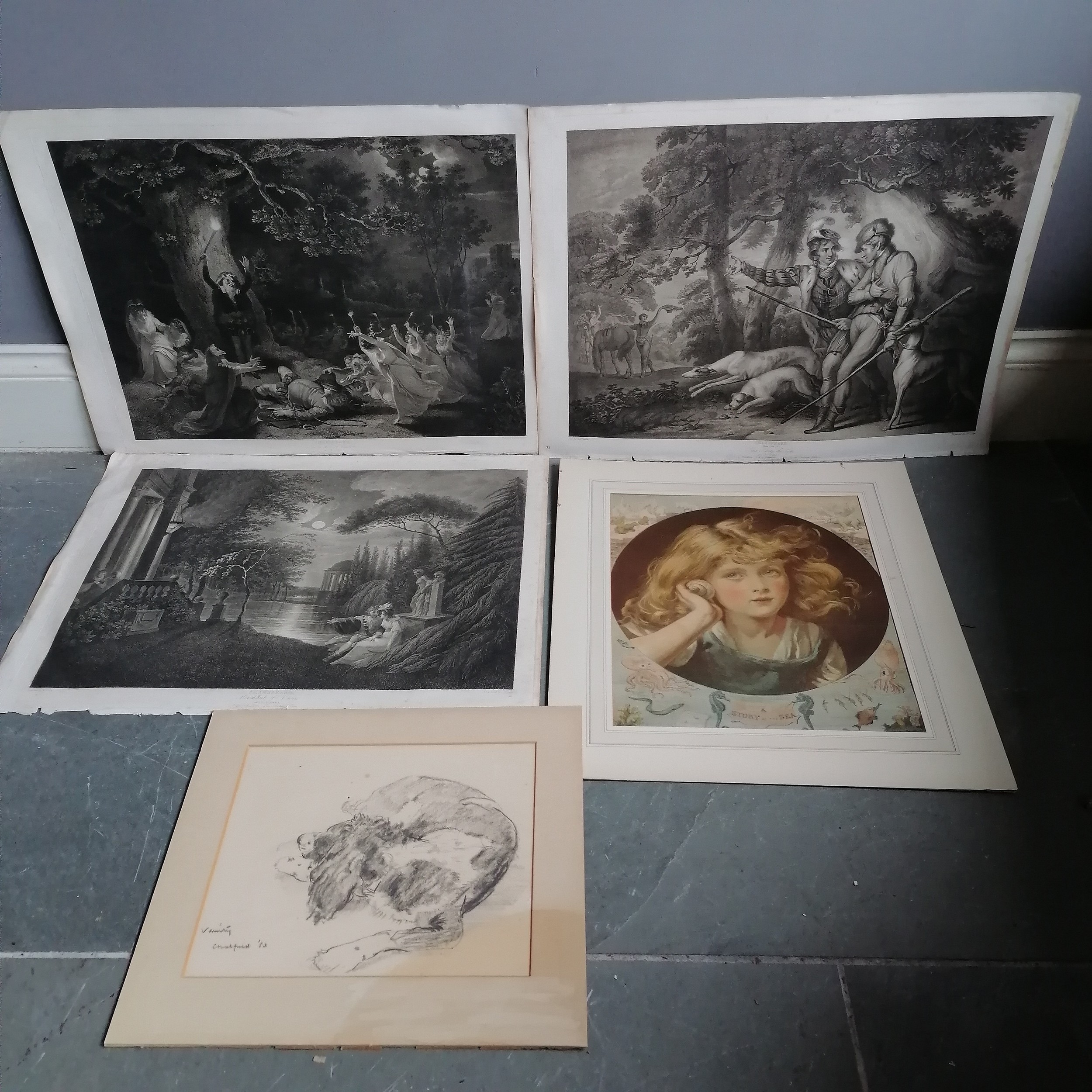 3 x 18th century Boydell Shakespeare engravings, A story of the sea (mount 58cm x 51cm) & mounted