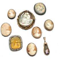 Qty of hand carved cameo shell brooches (3 with silver mounts - largest 6cm drop is a/f) t/w