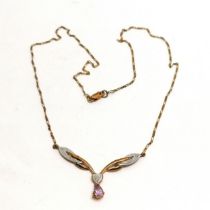9ct marked gold amethyst / diamond stone set necklet (40cm & 3.8g total weight) in original retail