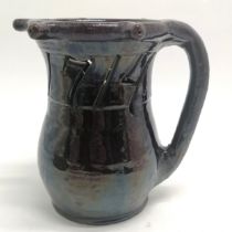 Antique puzzle jug with cut-out design Anno.1714 with treacle glaze - 20cm high ~ 1 spout has been