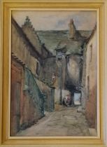 Gertrude Annie Lauder (1855-1918) watercolour painting of a fishing village side street - frame 40.