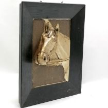 Silver plated 3D plaque of a horses head monogrammed HB? in a black wooden frame, frame measures