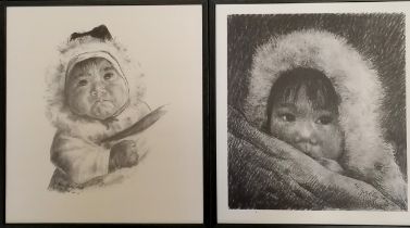 2 x prints of North Canadian / Inuit children by Gabriel (Gabe) Joseph Gely (1924-2020) - frame 47cm