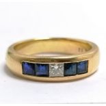 18ct marked gold sapphire (0.75 cts) & diamond (0.13 ct) set band ring - size P & 6.9g total weight