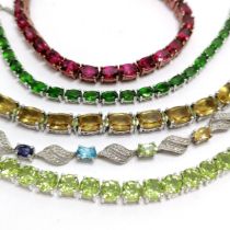 5 x silver stone set bracelets inc rainbow coloured, tourmaline etc ~ total weight 61g - the green