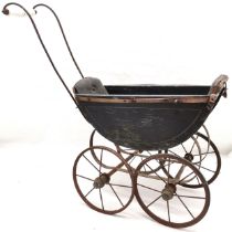 Victorian Child's dolls pram, 1 rubber tyre missing, ceramic handle broken, play worn condition,