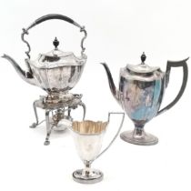 Mappin and Webb silver plated spirit kettle coffee pot and cream jug. Inc spirit burner, kettle is