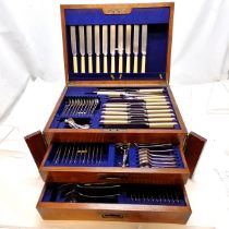 Antique canteen of cutlery in an oak campaign box - missing 3 knives, teaspoon & 1 knife rest ~