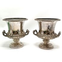 Antique pair of Old Sheffield plate 2 handled urn shaped wine coolers with oak leaf detail and