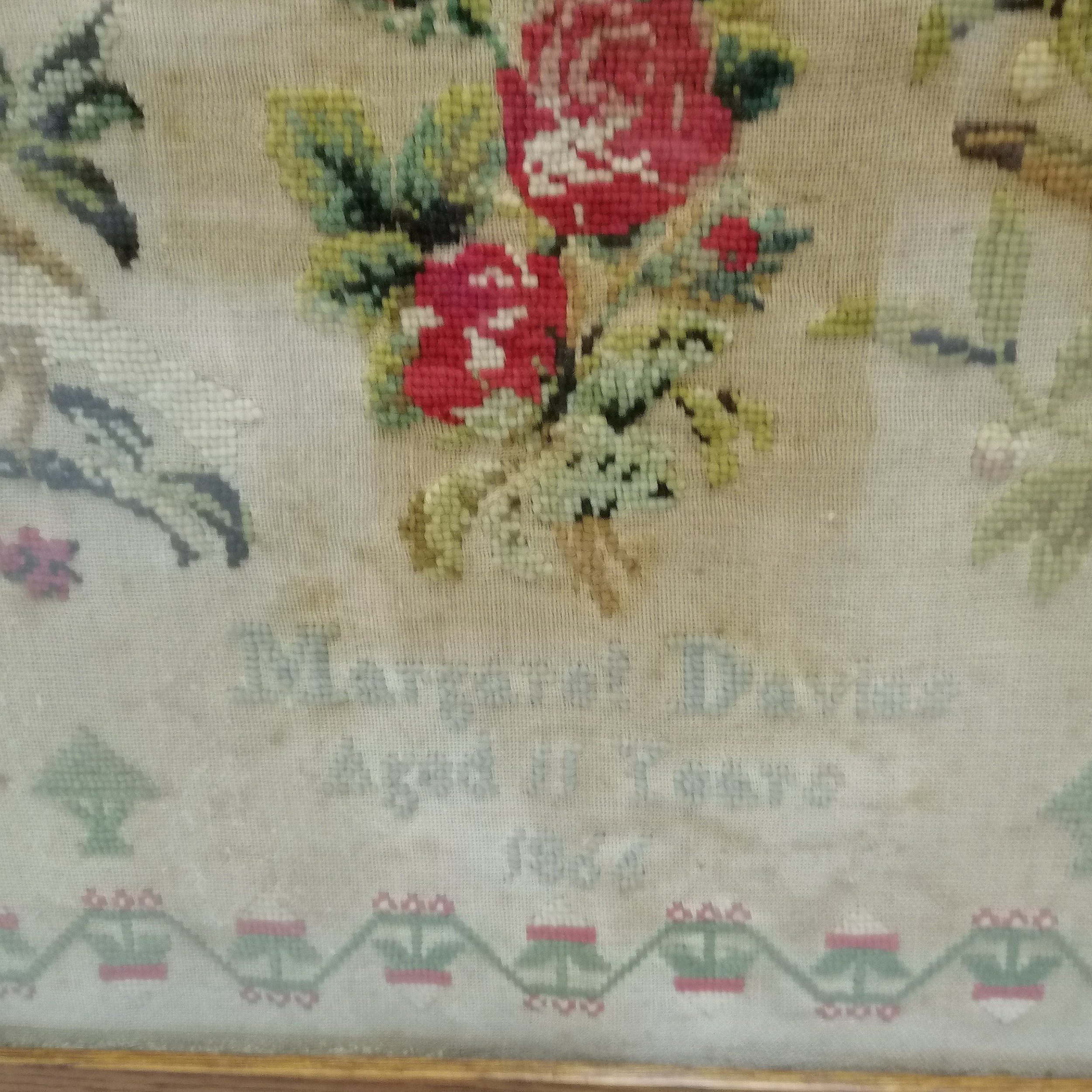 1866 tapestry sampler by Margaret Davies (aged 11) in a later firescreen stand - 72cm high x 55cm - Image 2 of 2