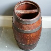 Antique oak and brass bounded barrel converted to walking stick stand 35cm wide x 27cm deep x 46cm