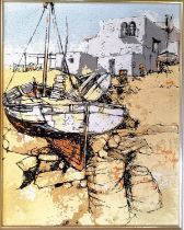 Bernard Dufour (1922-2016) picture of French beach scene with boats - frame 62.5cm x 53.5cm