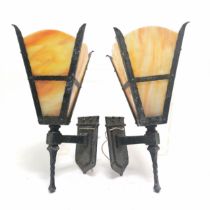 Pair of metal framed wall lights with mottled coloured glass panels - 34cm long