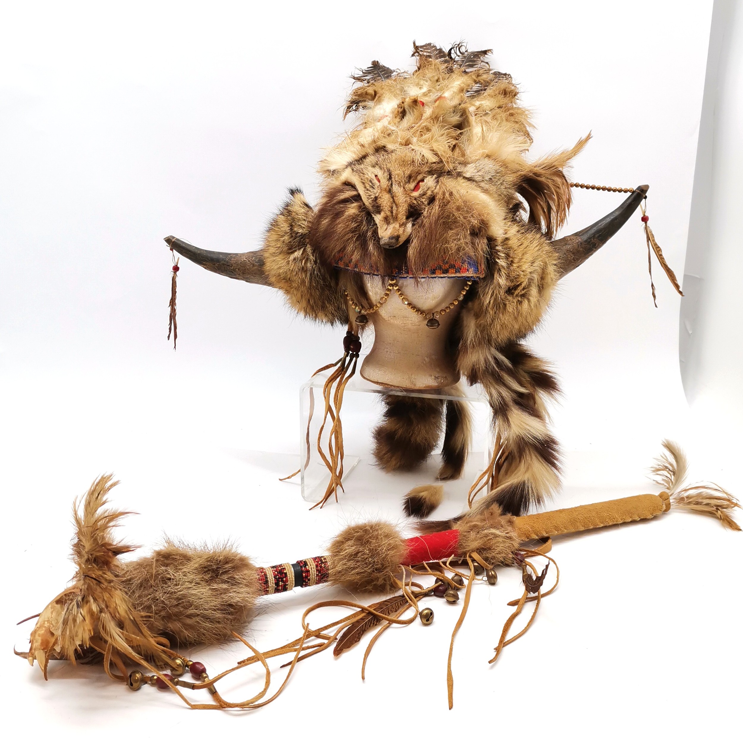 Native North American Indian shaman head-dress & stick rattle (68cm) with native beadwork decoration