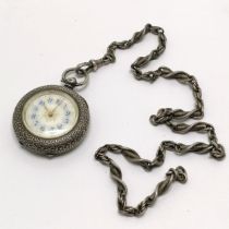 Antique silver cased fob watch (34mm case) on a silver hallmarked fancy link (38cm) chain - 54g