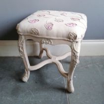 Vintage white painted French style footstool, with crewel work upholstered top, 45cm square x 52cm