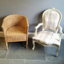 French style painted frame chair, 60cm wide x 52cm deep x 96cm high, t/w bow bach wicker chair, both