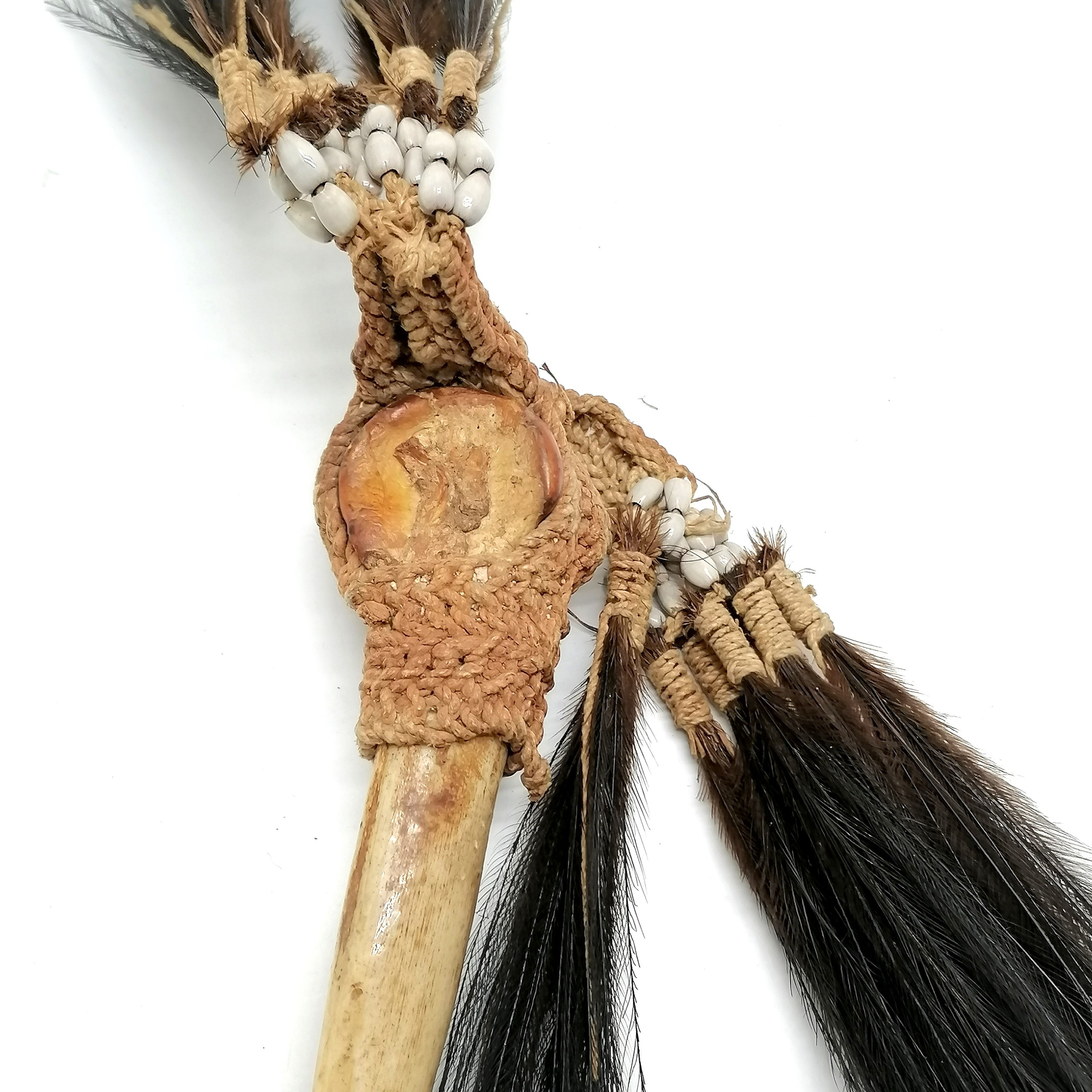 Antique New Guinea Cassowary bone ceremonial dagger with string, bead and feather detail 31cm long. - Image 3 of 3