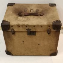 Vintage canvas trunk, with initials ECP - leather corners & label 'Made on British "Buxibre" boards'