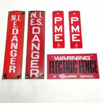 2 x vintage enamel N.I.E.S. / N.I.E. Danger signs (30cm x 7.5cm), 2 x aluminium PME signs &