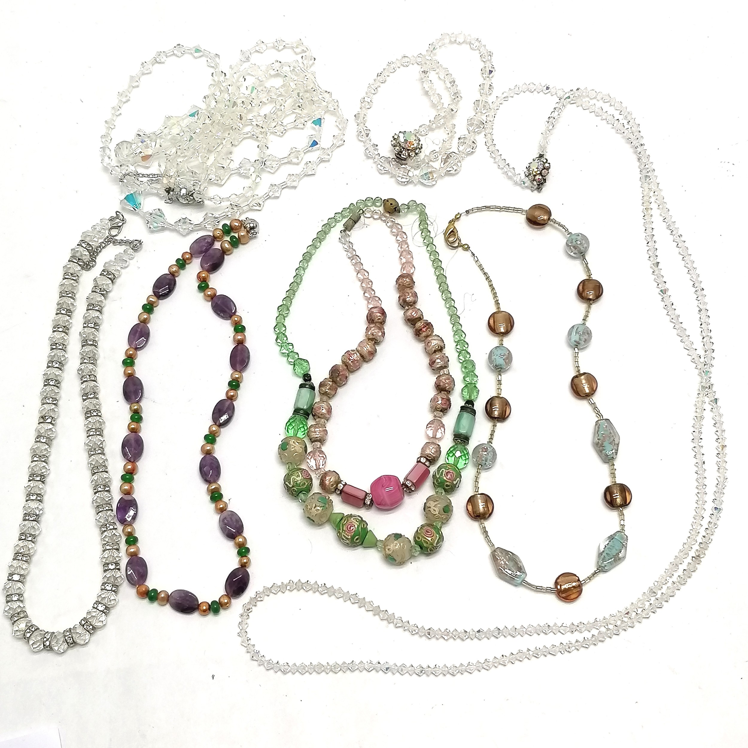 Qty of vintage bead necklaces inc amethyst, Venetian glass, long strand of rhinestone (116cm) etc