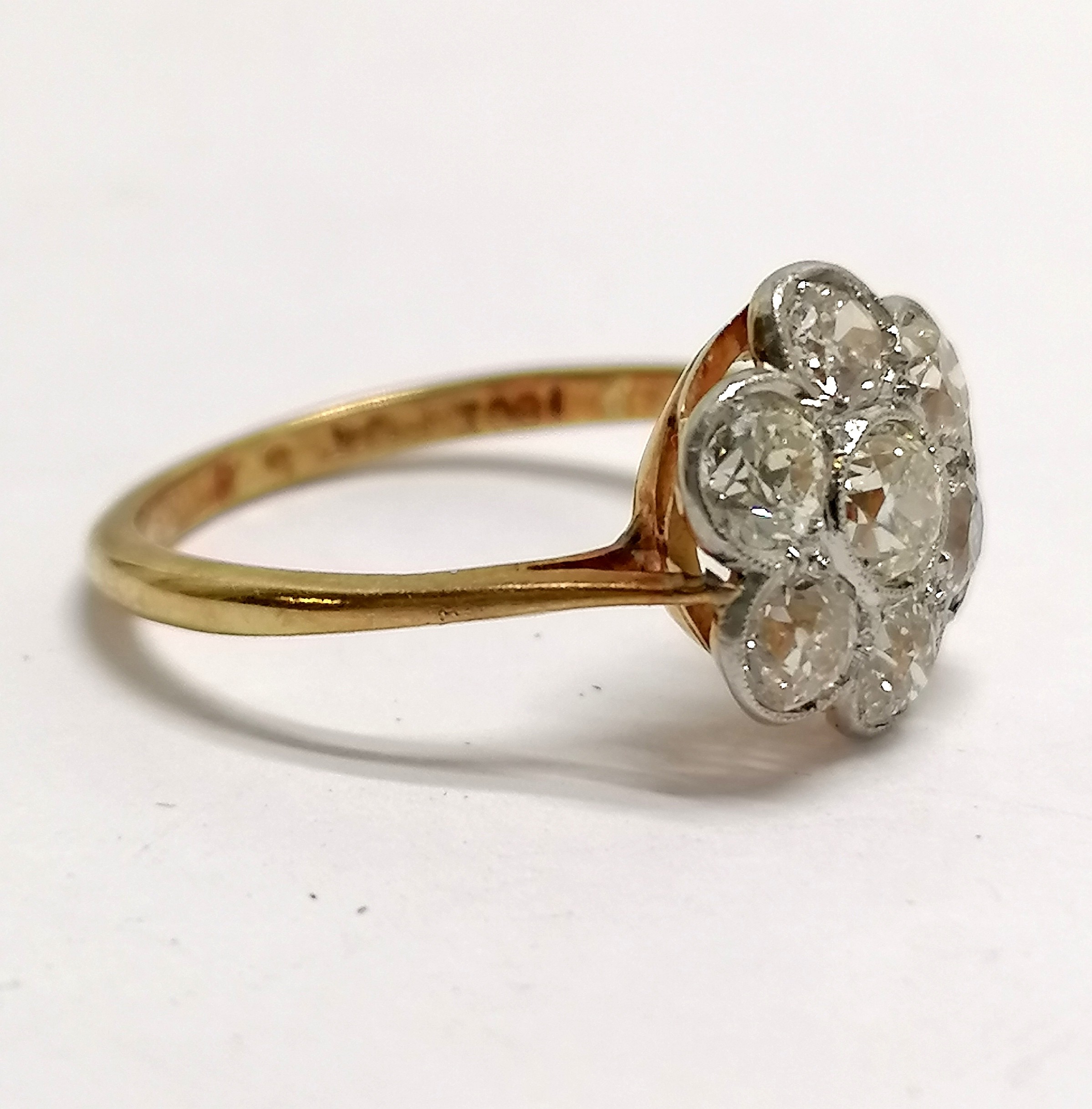 Antique 18ct & platinum marked diamond cluster millegrain set ring - size N & 2.6g total weight & is - Image 4 of 4