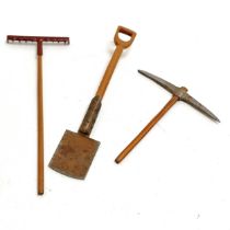 Miniature spade, pickaxe and rake made of wood and steel, rake 13cm long - no obvious damage