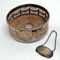 Silver hallmarked sherry label 8.8g T/W a Viners silver plated on copper bottle coaster 12.5cm