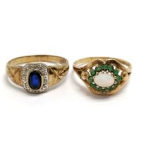 2 x 9ct marked gold rings - emerald / opal & blue stone / diamond ~ total weight 5.5g