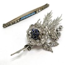 2 x silver marked blue / white stone set brooches - bar brooch 7cm ~ total weight 35g