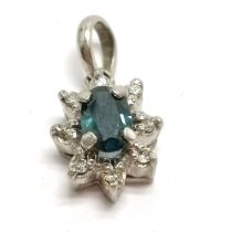 9ct marked white gold blue stone / diamond cluster pendant - 1.5cm drop & 1.8g total weight - SOLD