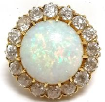 Antique unmarked gold opal & diamond (16) cluster brooch (adapts into pendant form) - 2cm across &