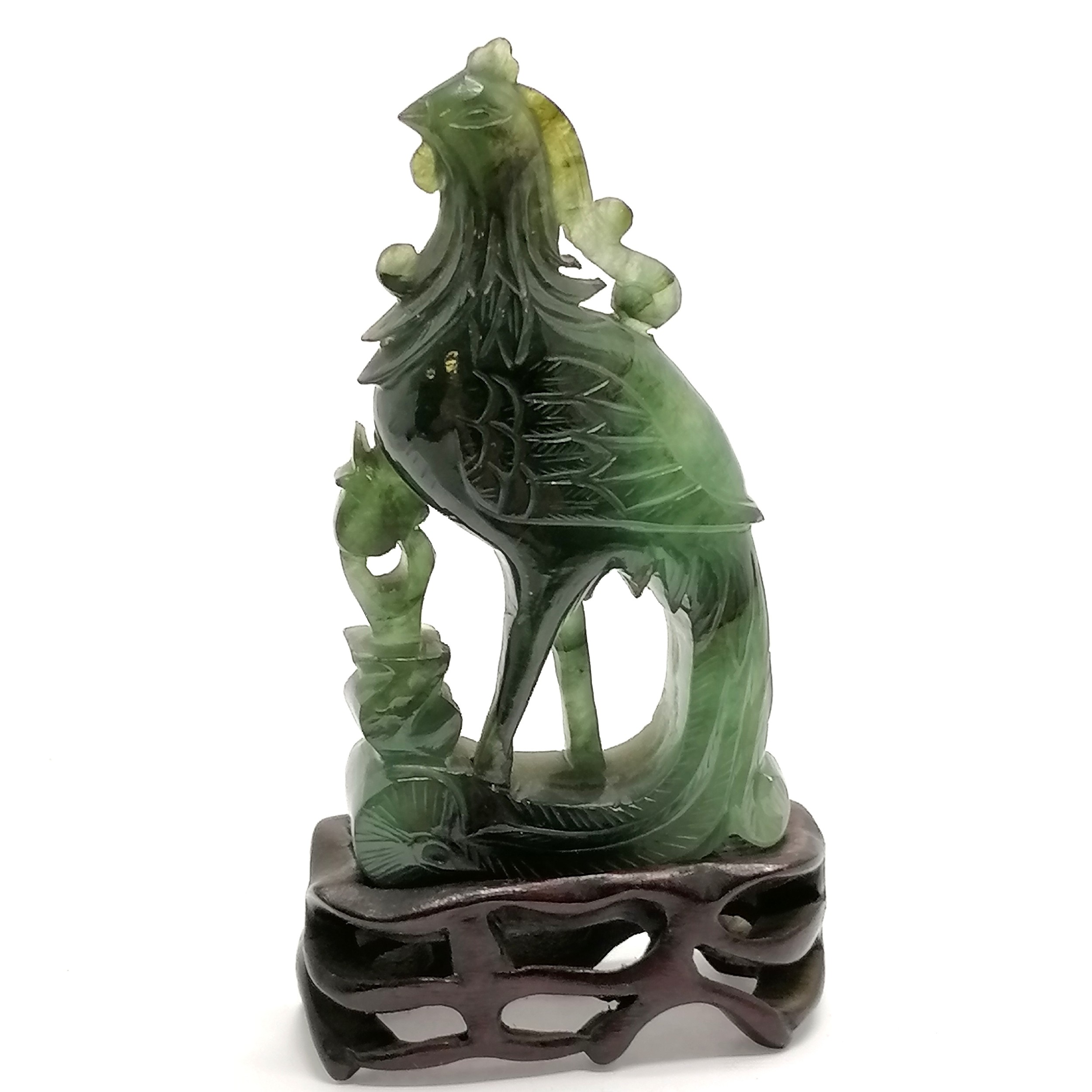 Oriental hand carved hardstone jade cockerel figure on wooden base - 9.5cm total height & no obvious