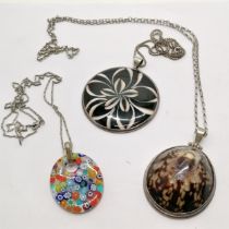 3 x silver mounted pendants on silver chains inc shell & Murano - longest chain 70cm & total