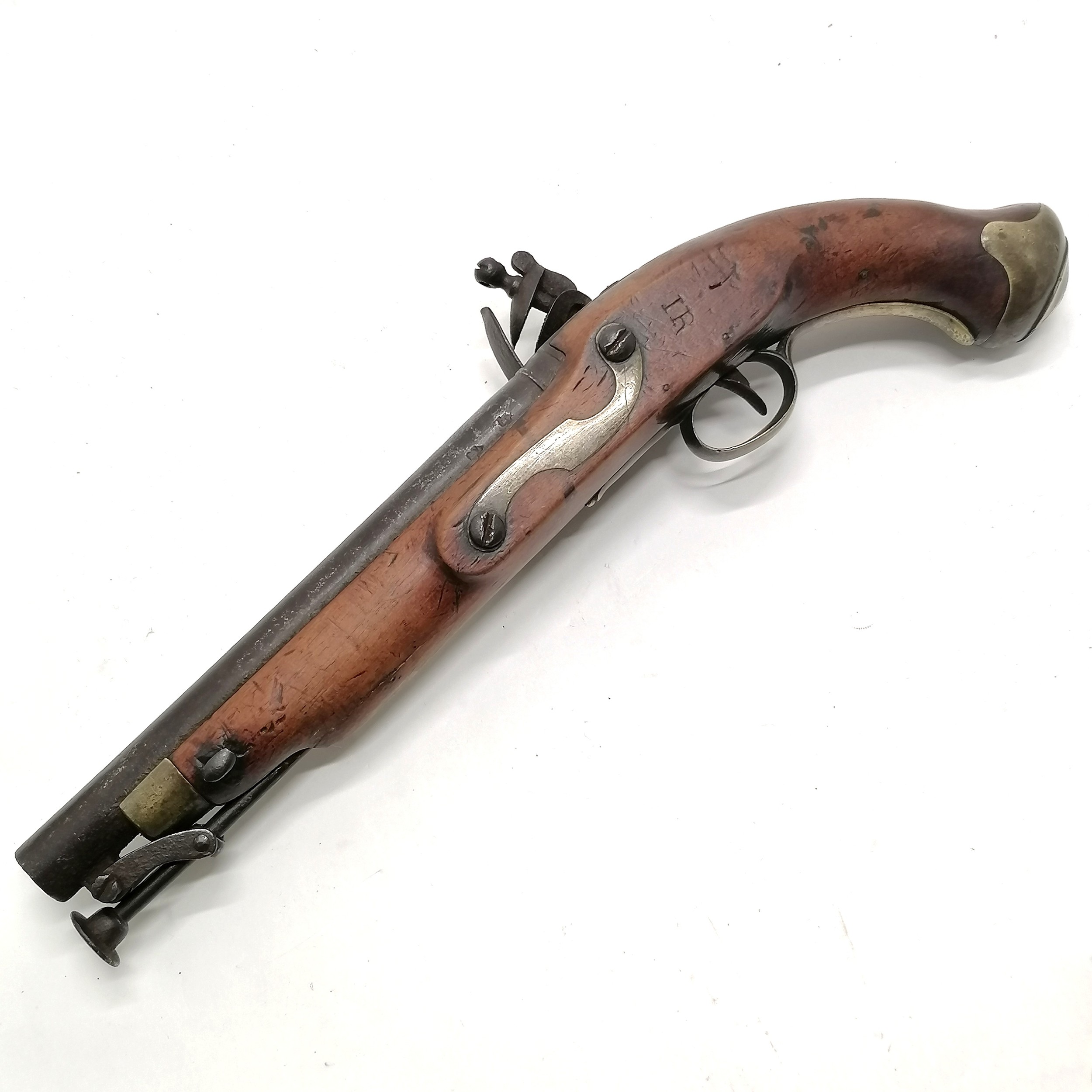 Antique c.1800 tower lock flintlock pistol with GR crown mark and has touchmarks to barrel & stamped - Image 3 of 11