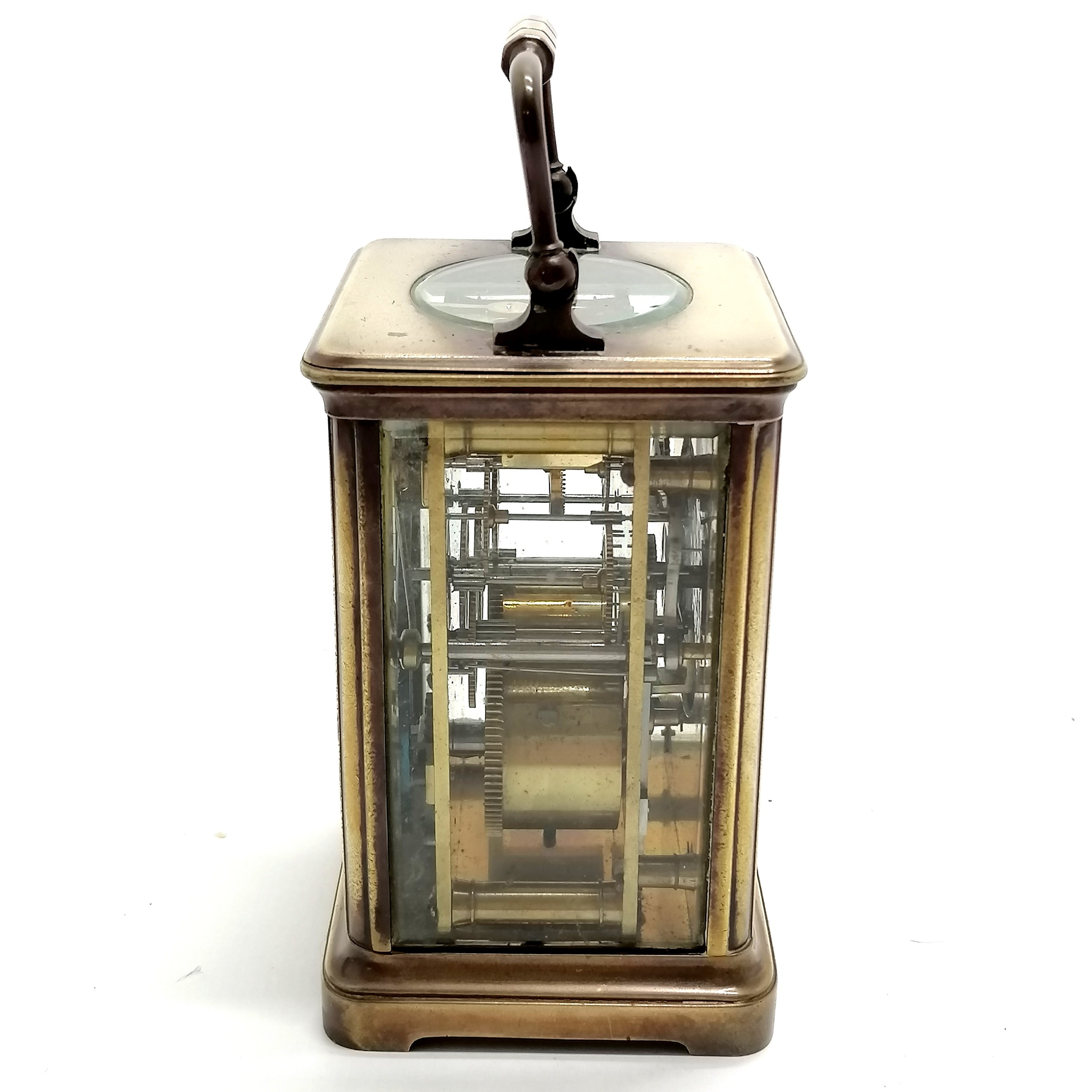 Antique brass carriage clock marked Brennan Cork to porcelain dial - 12cm high x 9cm x 8cm ~ has key - Image 2 of 6