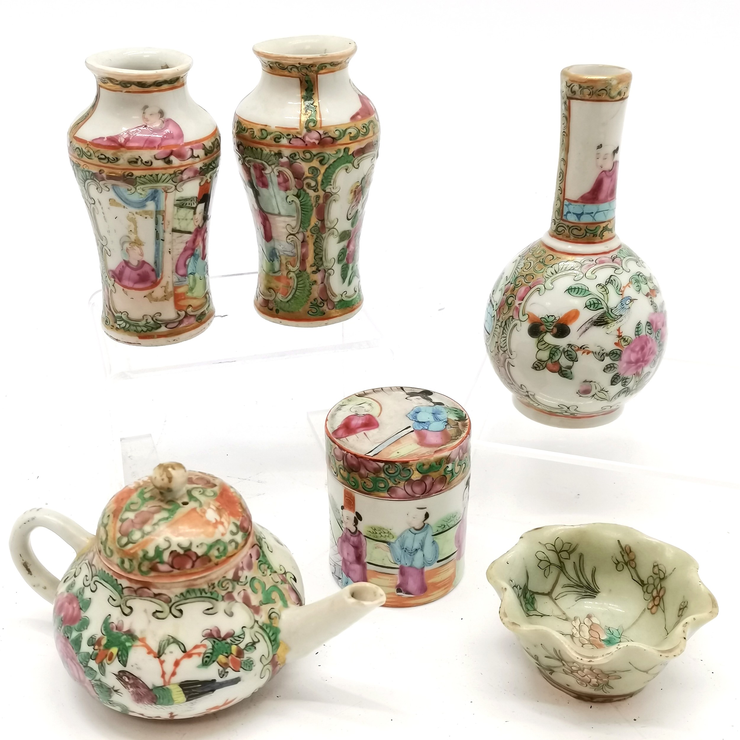 Qty of Chinese Cantonese porcelain inc teapot, pair of baluster vases (8.5cm), lidded cylindrical - Image 2 of 7