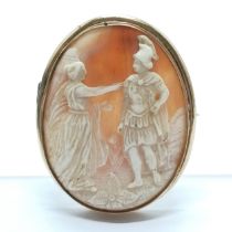 Antique hand carved cameo of a classical scene in unmarked gold mount - 6cm drop & 21g total