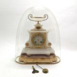 Antique Yates Haywood & Co (London) alabaster & gilt metal mounted bell strike clock under glass