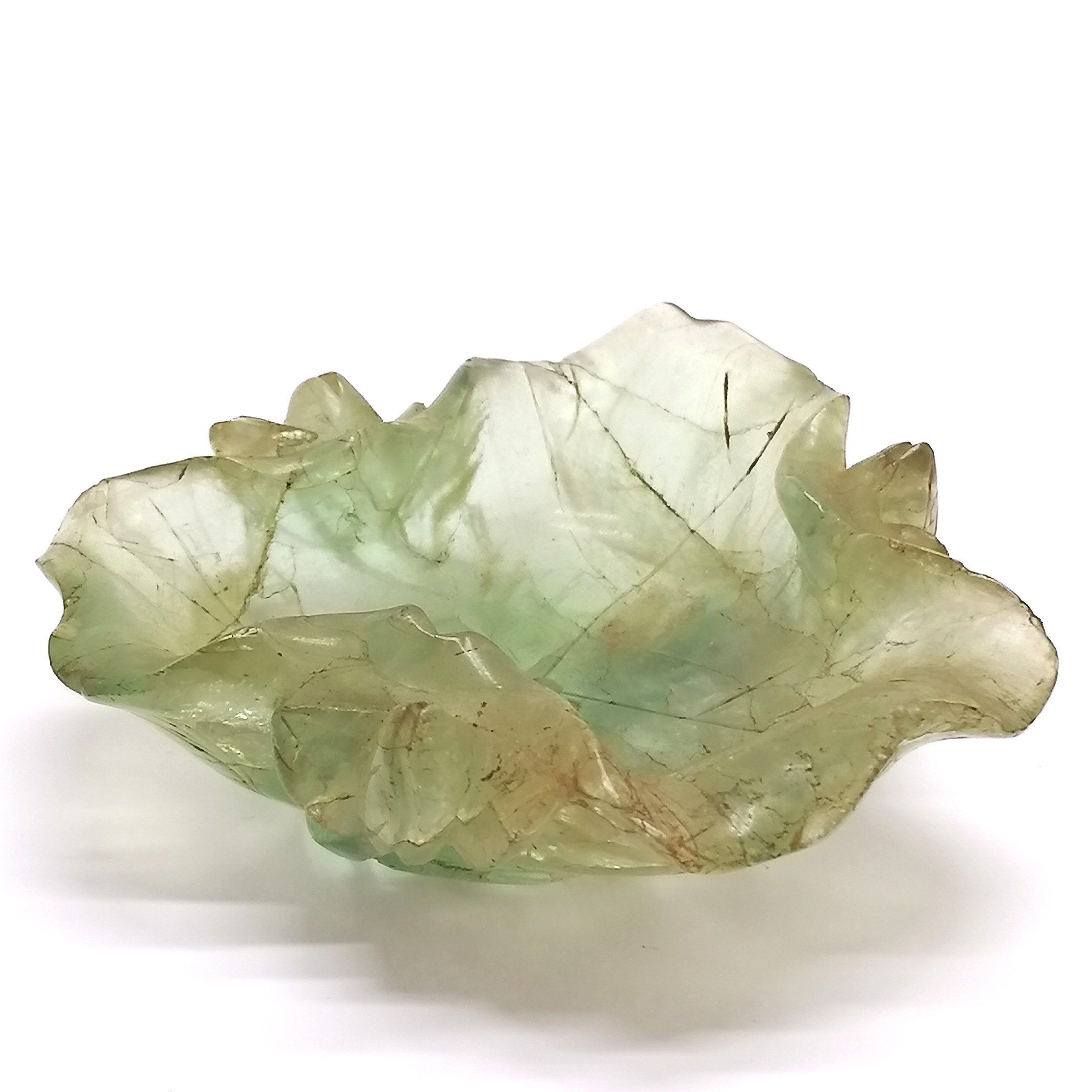 Hand carved Oriental Chinese fluorite brush wash in the shape of a lilypad - 9cm across & has slight - Image 5 of 6