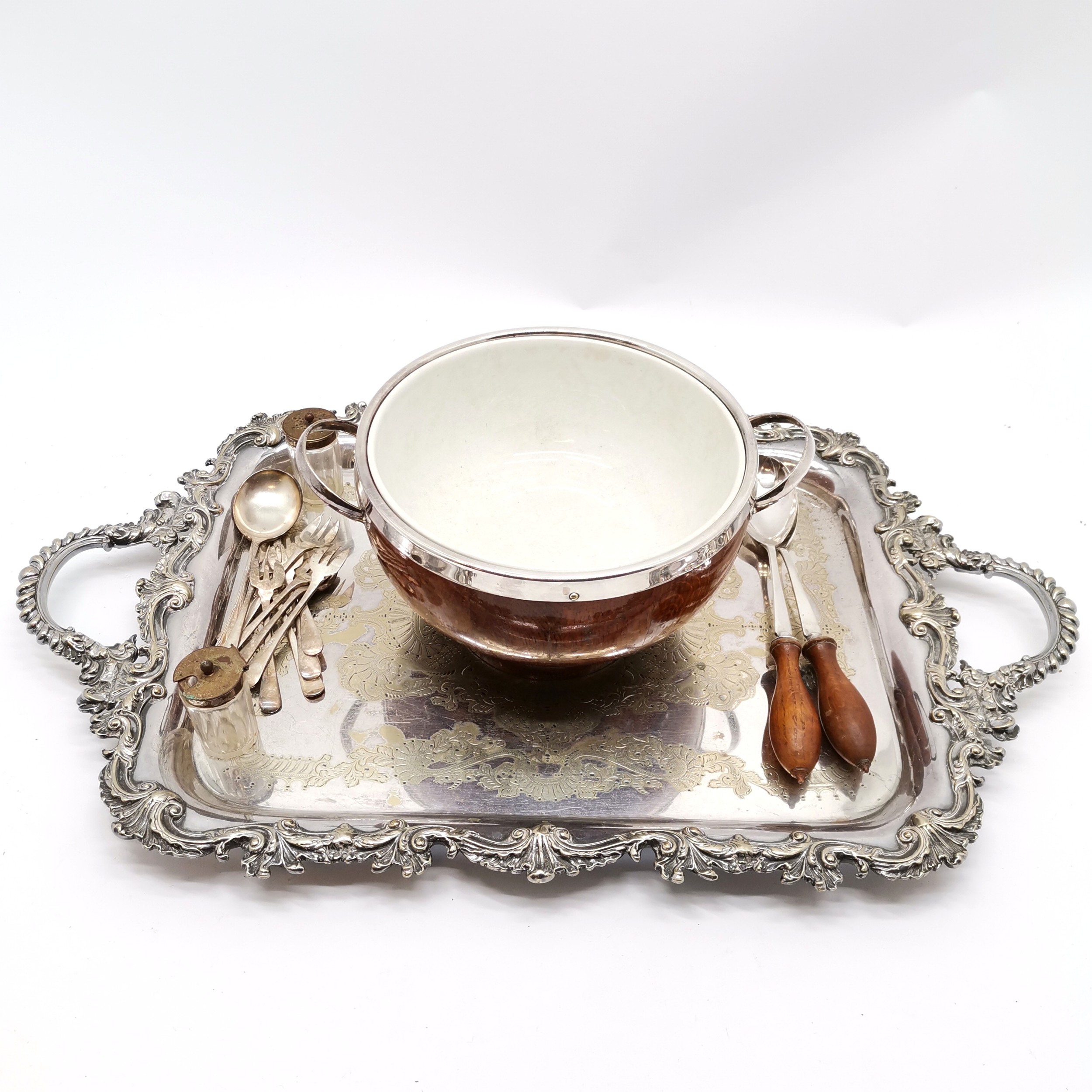 Antique silver plated tray with 2 handles, embossed border & engraved detail - 66cm x 39cm (has - Image 4 of 9