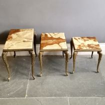 Nest of 3 retro onyx inset brass tables, largest 52cm wide x 32cm deep x 45cm high, largest has onyx