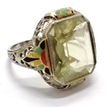 Art Deco unmarked gold citrine ring with enamel detail - size J½ & 4.4g total weight ~ slight losses