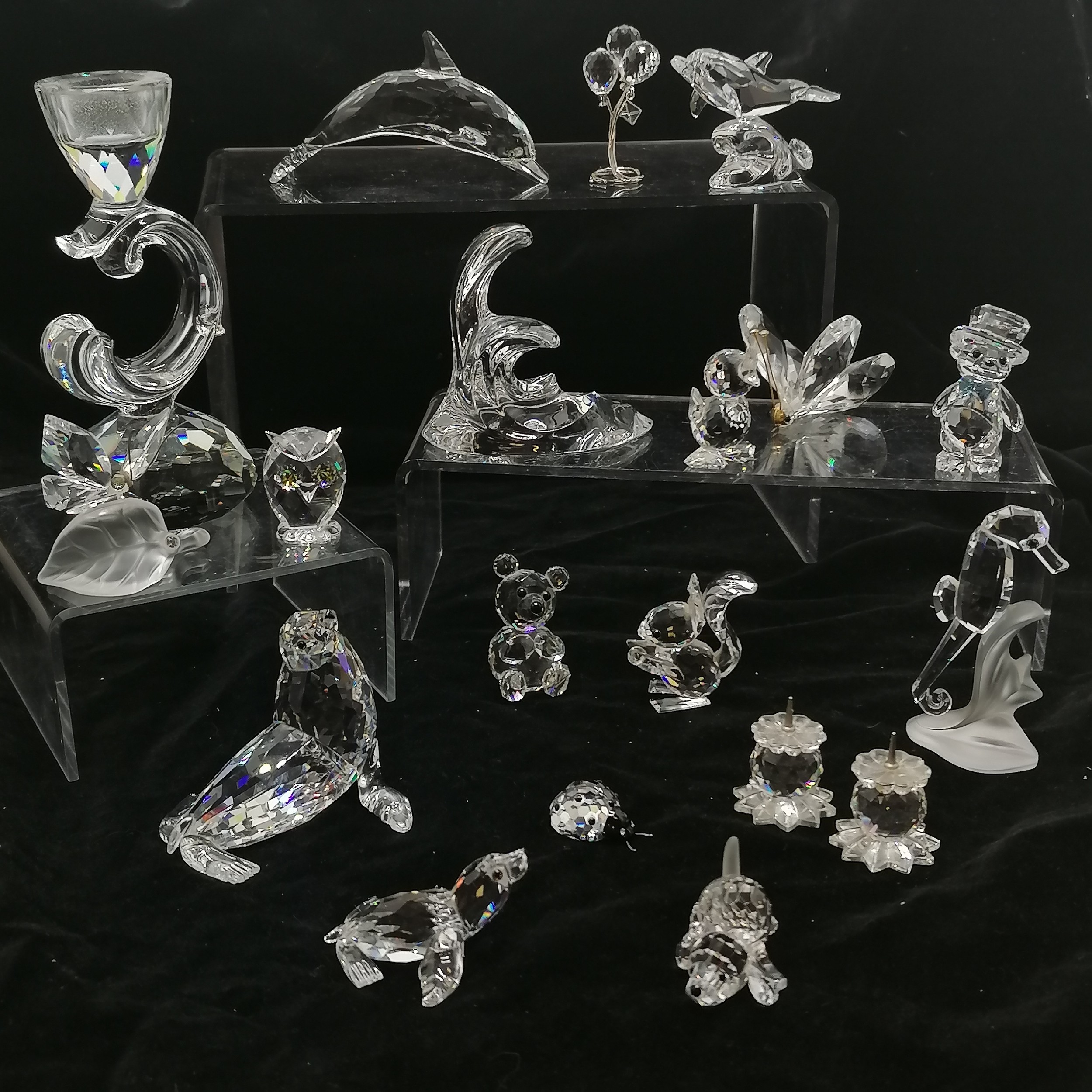 Swarovski glass candlestick 13 cm high, pair small candlesticks T/W 16 animals etc. only damage is