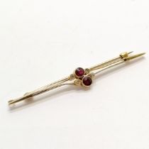 Antique 15ct marked gold ruby & diamond bar brooch - 6.4cm & 4.1g total weight ~ has distortion +