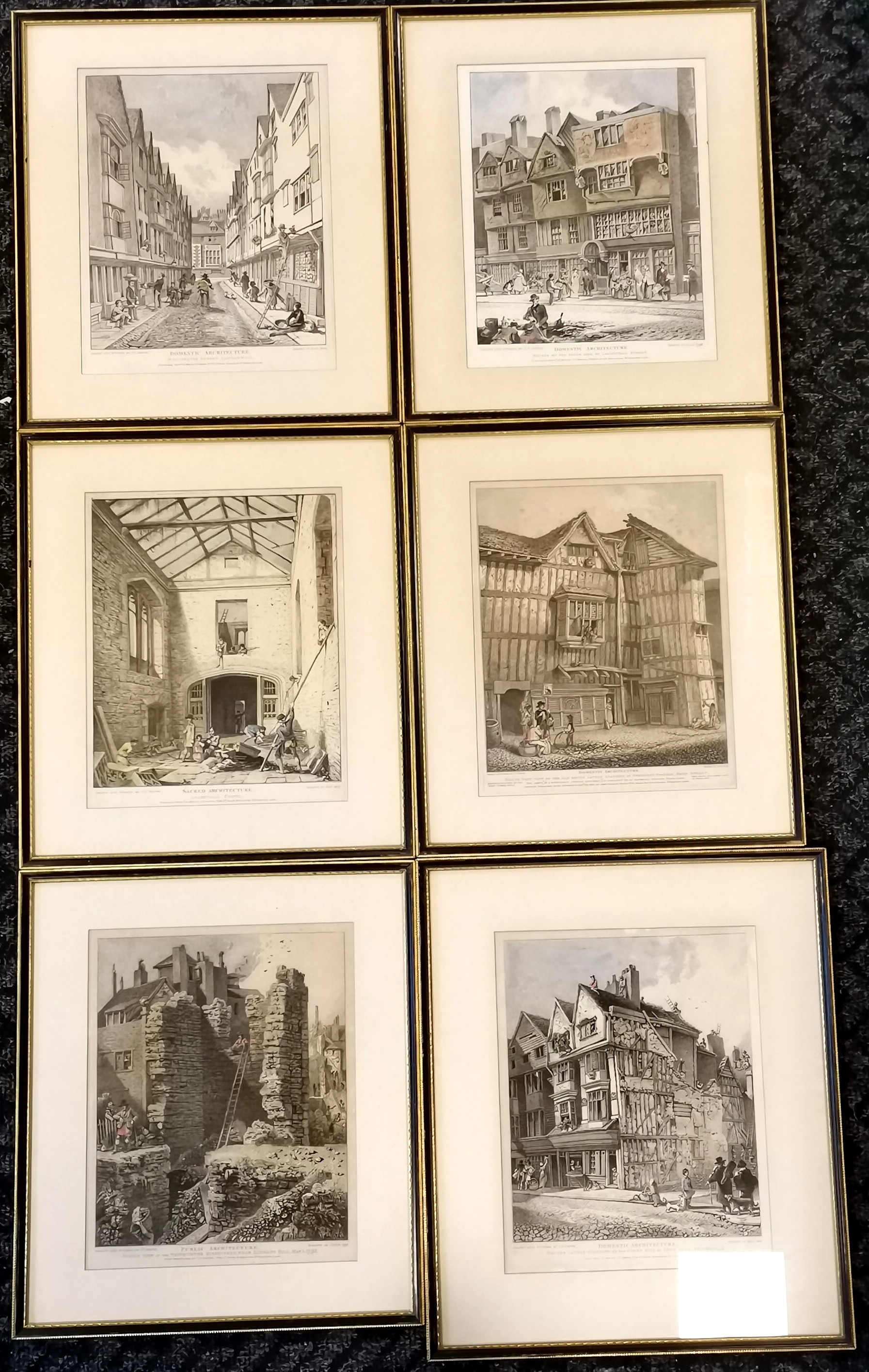 Set of 3 framed engravings Domestic Architecture, 37cm wide x 42cm high, another similar but